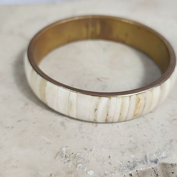 Vintage Jewelry - Vintage Brass Bangle with Inlaid Bone